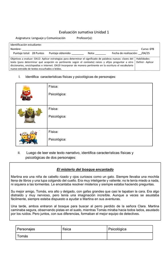 Prueba Unidad 1 6°básico Lenguaje y Comunicación