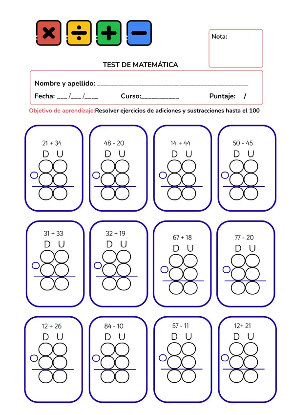 Test de Matemática: Adiciones y Sustracciones hasta el 100