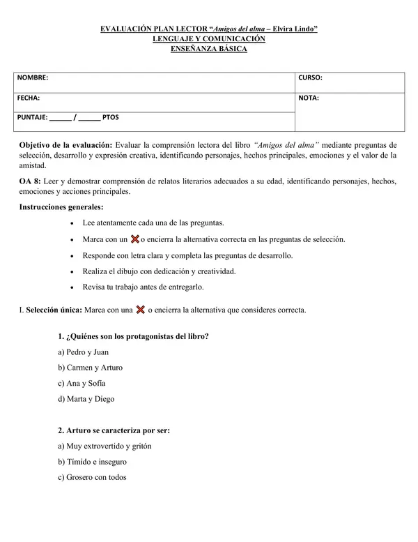 Evaluación Plan Lector: “Amigos del alma” – Elvira Lindo