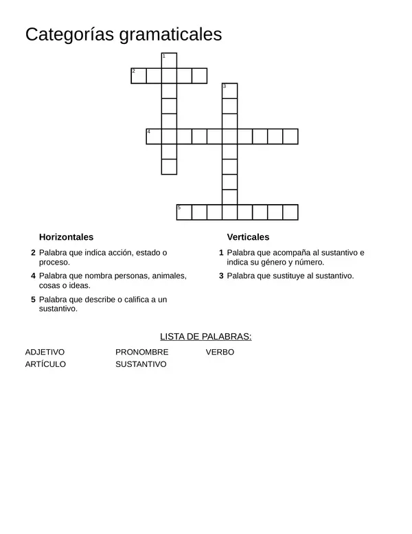 Crucigrama categorías gramaticales