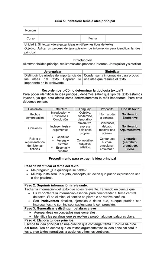 7mo/8vo: Identificar tema e ide principal - Preguntas tipo SIMCE 