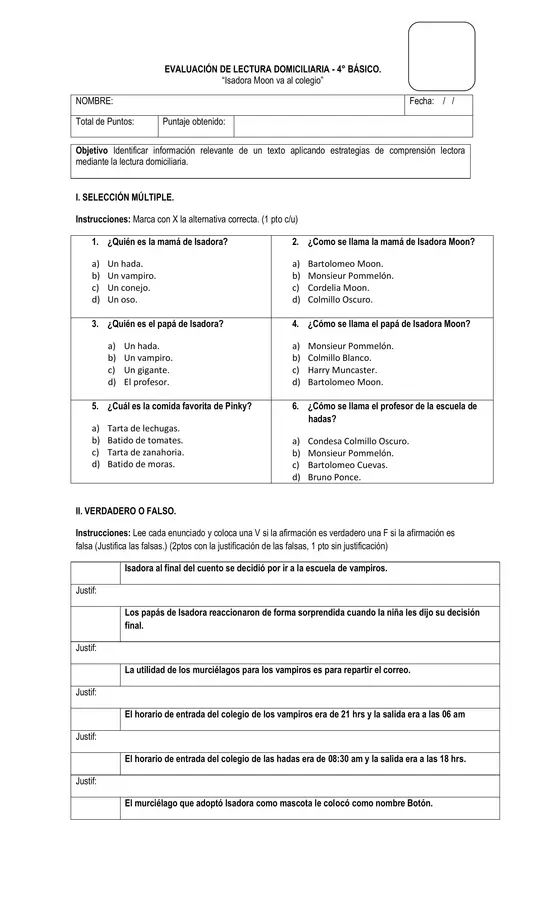 EVALUACION PLAN LECTOR "ISADORA MOON VA AL COLEGIO"