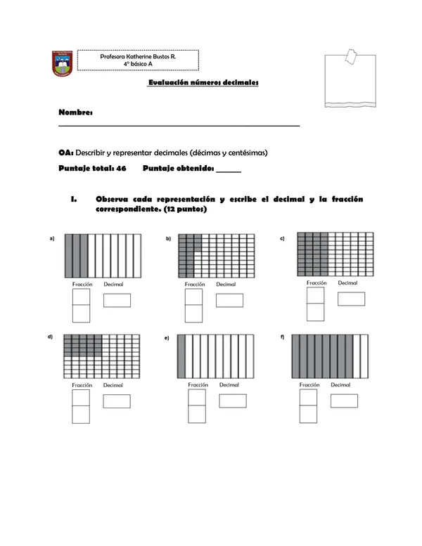 Evaluación números decimales 4to básico