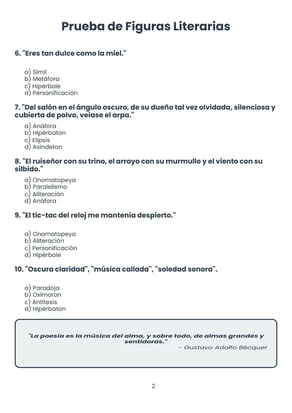 Evaluación de figuras literarias de selección múltiple (Con respuestas)