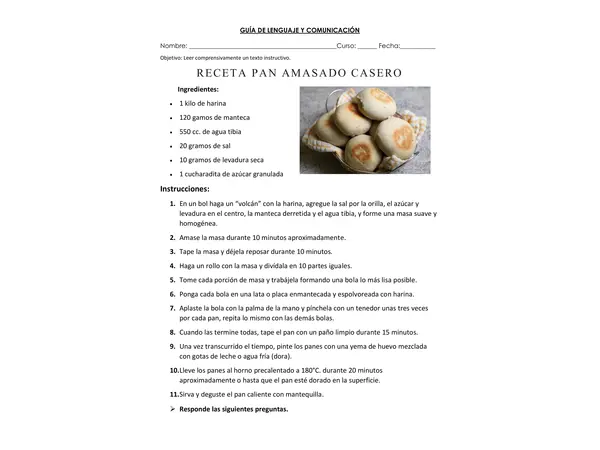 Comprensión de lectura de una receta