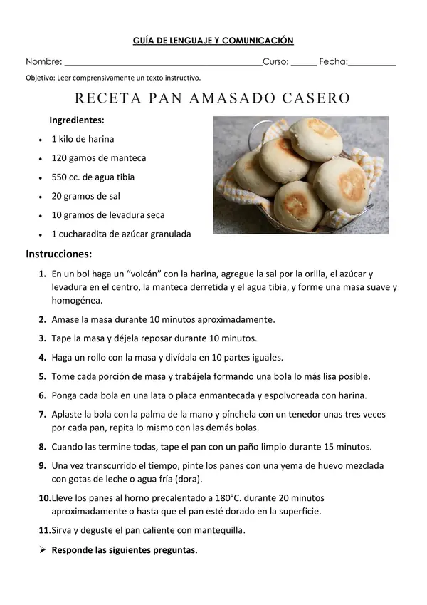 Comprensión de lectura de una receta
