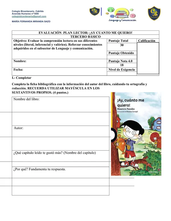 Evaluacion Plan lector : ¡Ay cuanto me quiero!