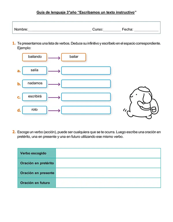 Guía de lenguaje 3°año "Escribir texto instructivo, verbos"