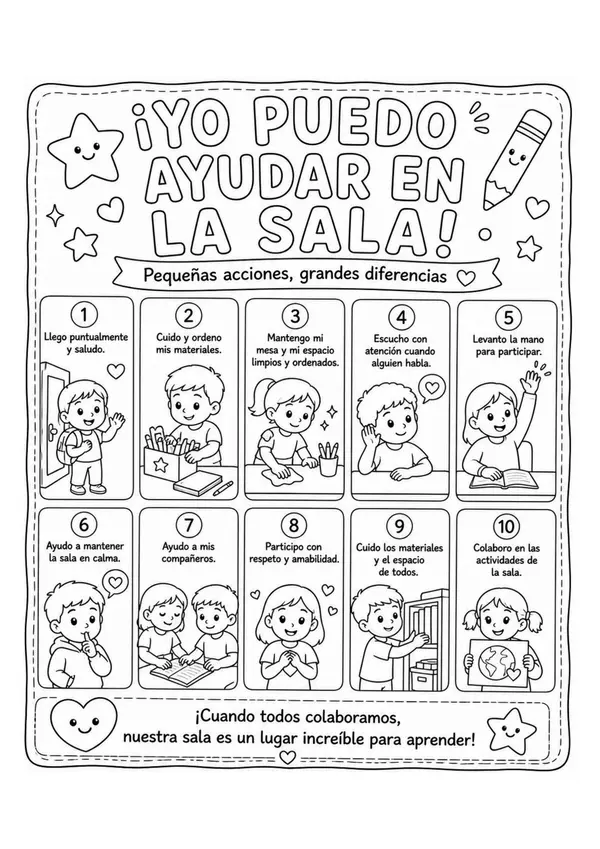 Yo puedo ayudar en el colegio. Acciones o tareas para ayudar en la sala de clases