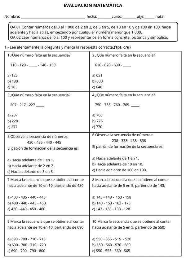 Pack de Evaluaciones: Números hasta 1000 - Valor Posicional y Monedas