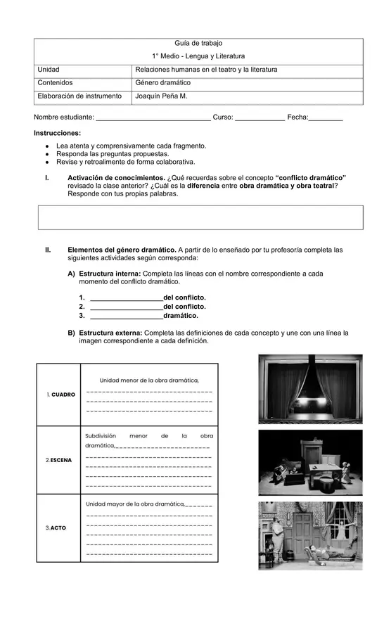 Guía elementos del género dramático (estructura interna, externa y tipos de personajes).