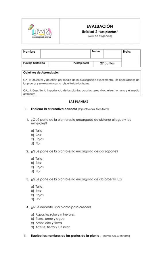 Evaluación ciencias "las plantas"