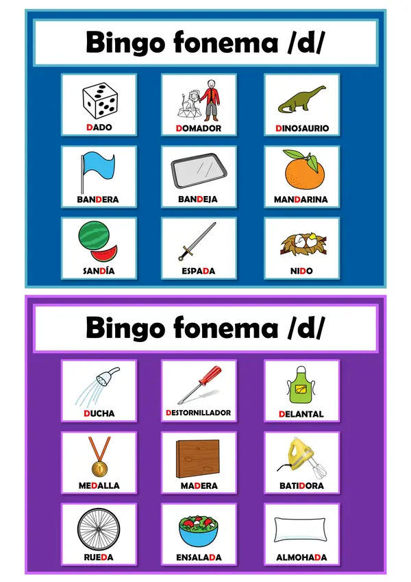Bingo Fonema D: Posición Inicial, Media y Final