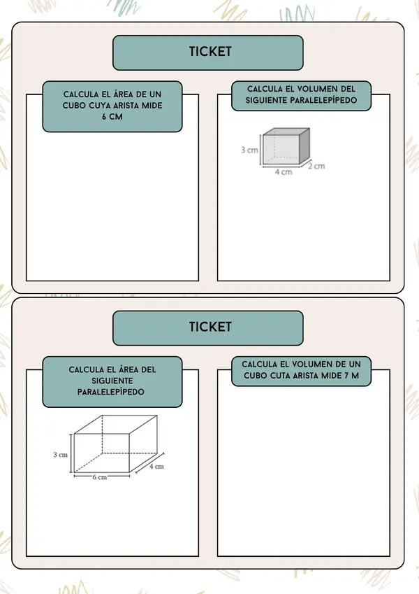 Ticket área y volumen de cubos y paralelepípedos