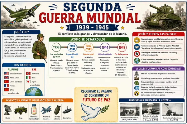 Segunda Guerra Mundial | Póster Educativo| Historia Universal | Línea de Tiempo y Consecuencias 