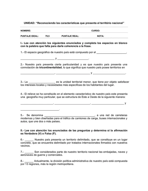 Evaluacion de Historia y Geografia 6 Basico: las caracteristicas del territorio nacional