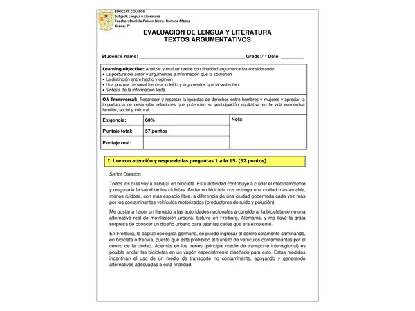 Evaluación de textos argumentativos 
