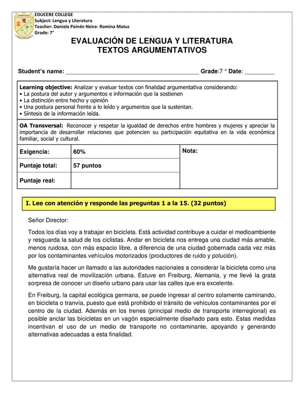 Evaluación de textos argumentativos 