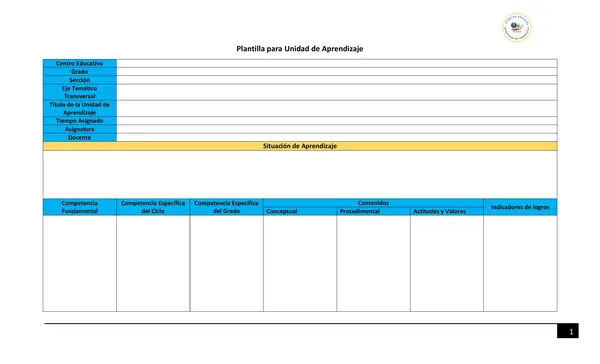 Plantilla de planificación de unidad didáctica.