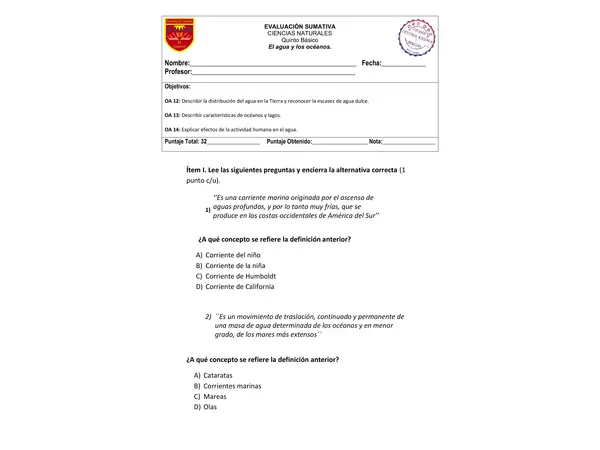 Evaluación sumativa Ciencias Naturales 