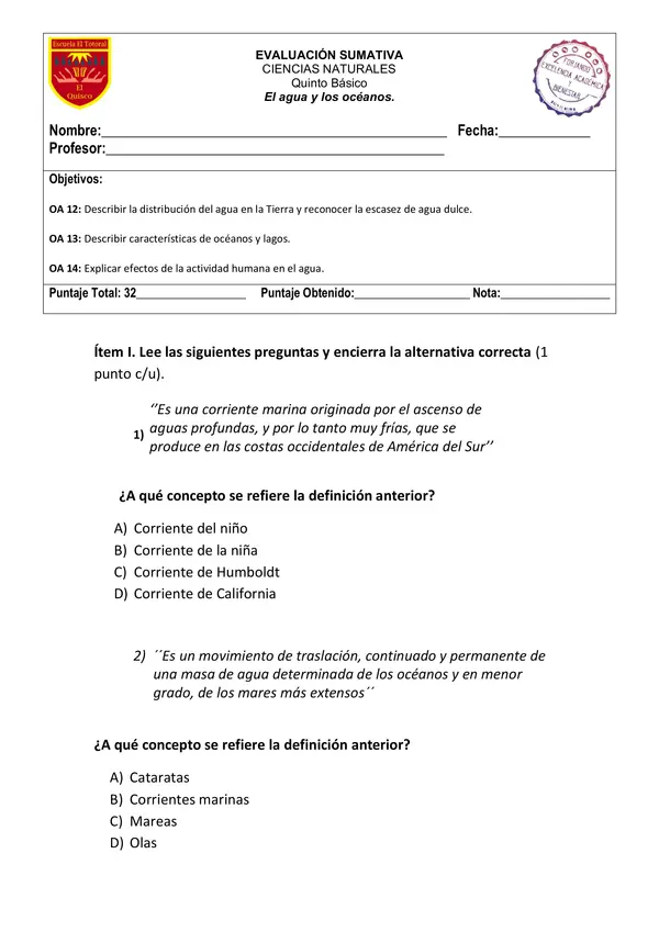Evaluación sumativa Ciencias Naturales 