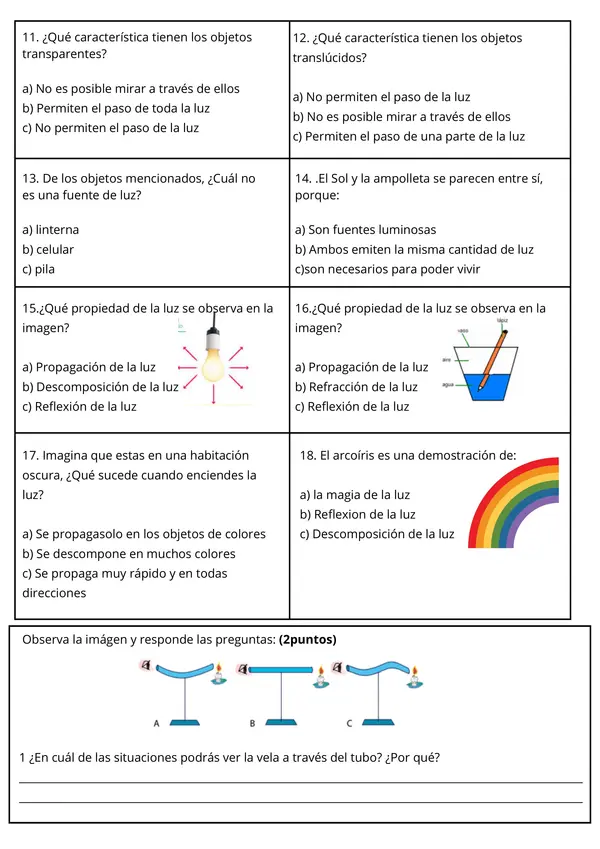 Evaluación de Ciencias: La Luz  3° - 6° Básico | Ciencias Naturales