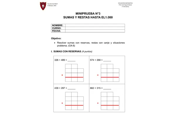 MINIPRUEBA N°3 - Matemáticas (3er Año)