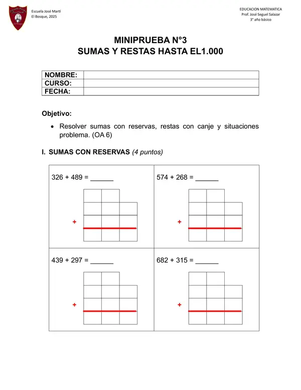 MINIPRUEBA N°3 - Matemáticas (3er Año)