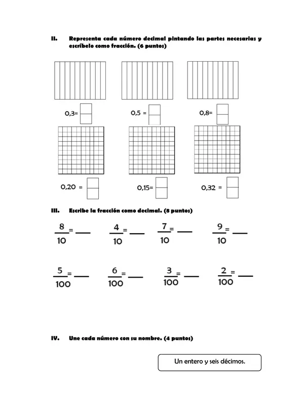 Evaluación números decimales 4to básico