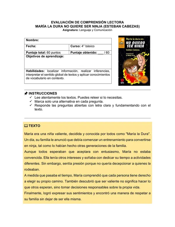 Prueba del libro "María la Dura no quiere ser ninja" (Esteban Cabezas)