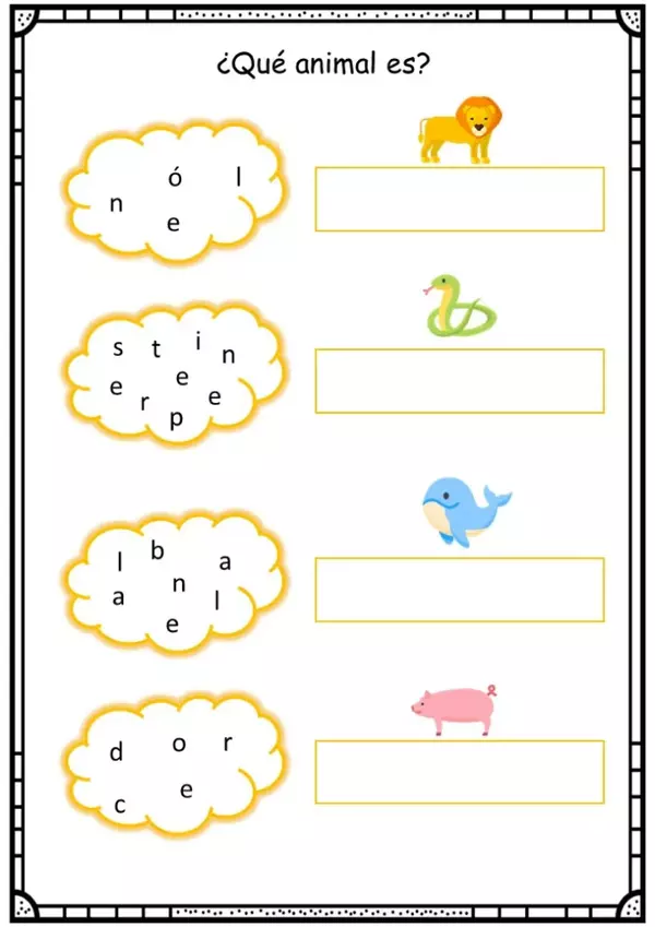 Lectoescritura: Letras desordenadas con vocabulario de animales.