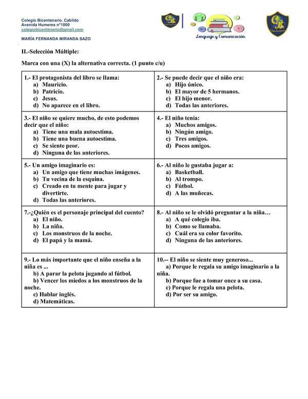 Evaluacion Plan lector : ¡Ay cuanto me quiero!