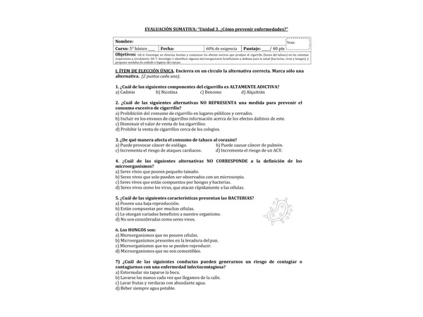 Evaluación 5° básico unidad 3: ¿cómo prevenir enfermedades? 