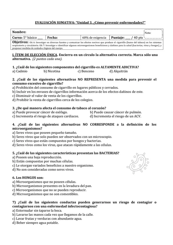 Evaluación 5° básico unidad 3: ¿cómo prevenir enfermedades? 
