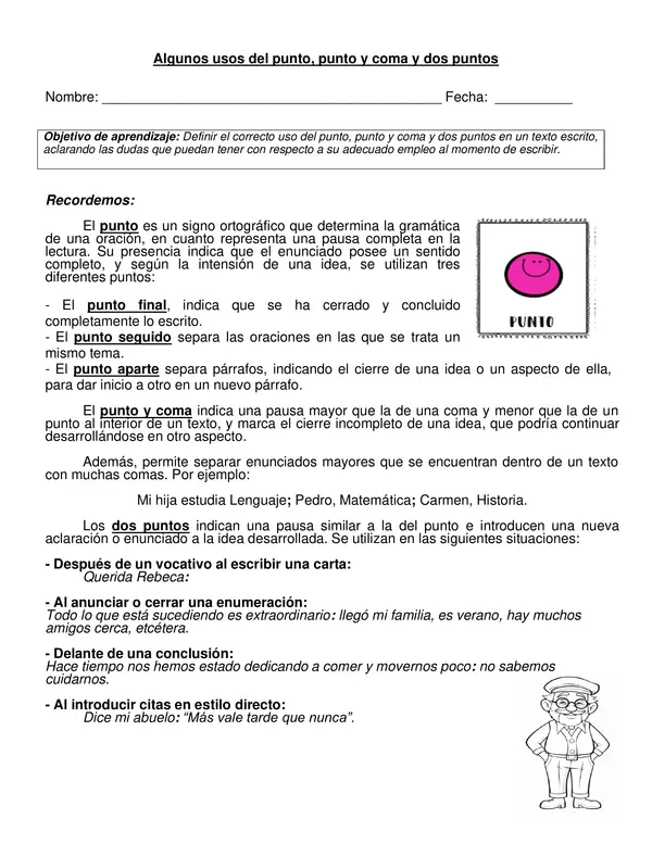 Guía de lenguaje "Punto, punto y coma y dos puntos" 5° y 6°año