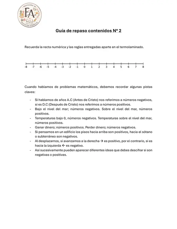 Guía de repaso recta numérica
