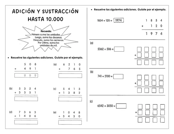 Guía de trabajo - Adicción y sustracción hasta el 10.000