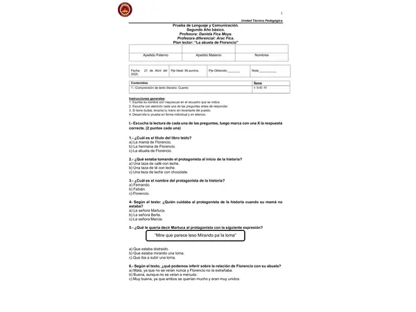 Prueba Plan lector La abuela de Florencio