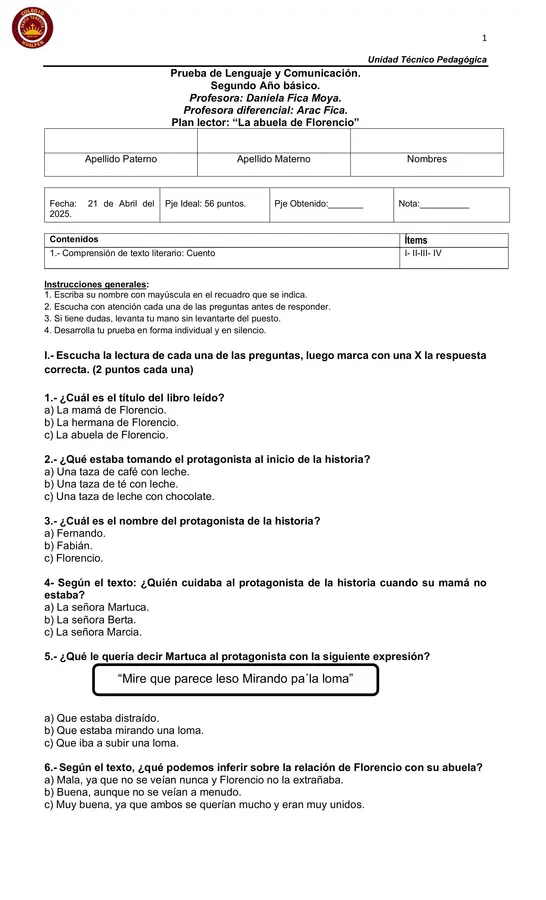 Prueba Plan lector La abuela de Florencio