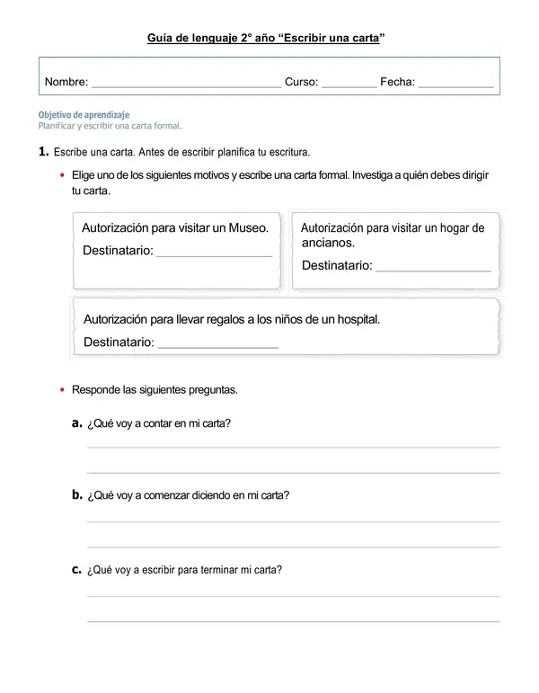 Guía de lenguaje 2°año "Planificar y escribir una carta"