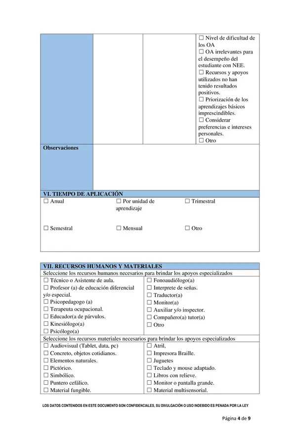 Documento PACI Plan de Adecuación Curricular Individual 1º básico.