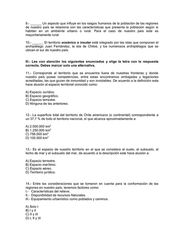Evaluacion de Historia y Geografia 6 Basico: las caracteristicas del territorio nacional
