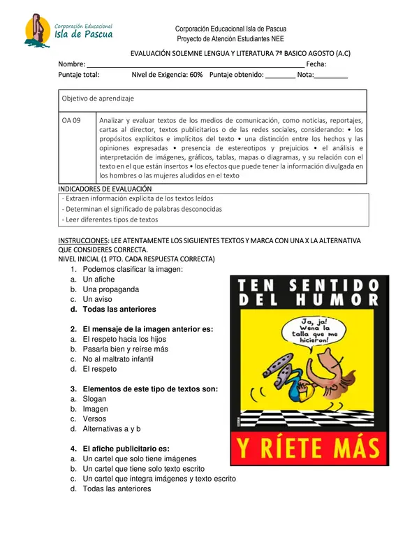 Evaluación de lenguaje y comunicación 