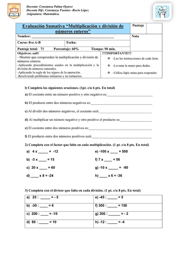 EVALUACIÓN oa 01 matemática 8vo números enteros