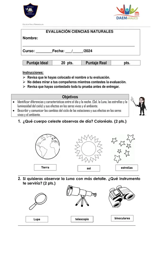 Evaluación 1 Básico Ciencias Naturales Ciclo del día y la noche y estaciones del año