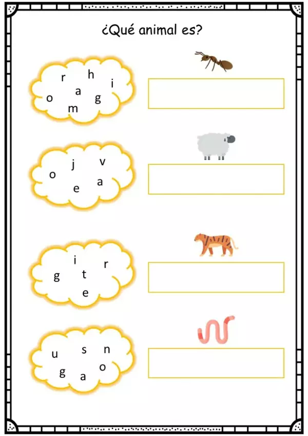 Lectoescritura: Letras desordenadas con vocabulario de animales.