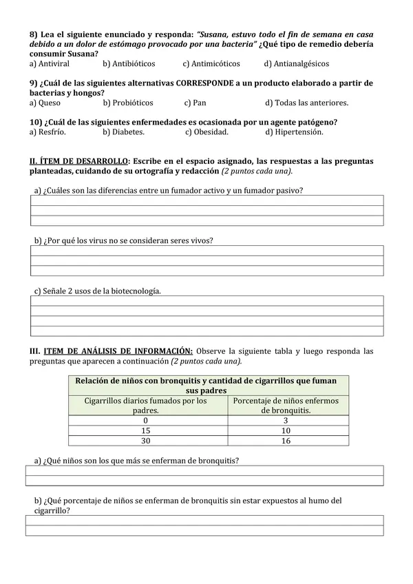 Evaluación 5° básico unidad 3: ¿cómo prevenir enfermedades? 