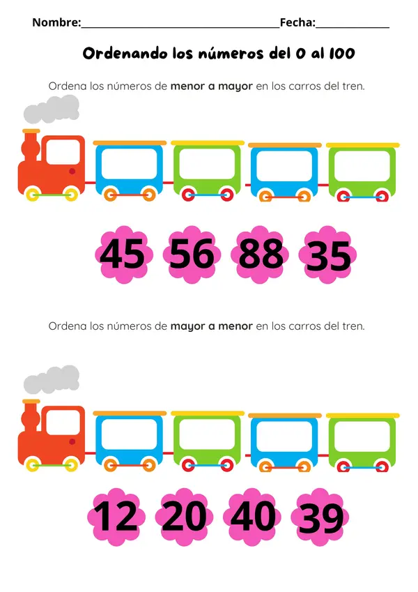 Guía de actividades Ordenar los números 0 al 100 matemática 