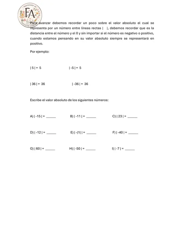 Guía de repaso recta numérica