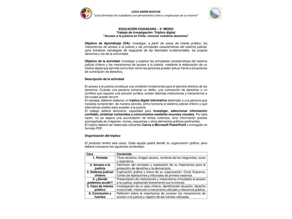EC 3° MEDIO - Trabajo Tríptico digital “Acceso a la justicia en Chile: conocer nuestros derechos”